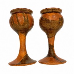 Pair Signed Studio Pottery Goblets Chalice Cups Brown Drip Glaze Handmade 1977