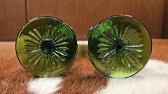 2 Vintage Ivima Handmade Green Cut Diamond Point Heavy Glass Flutes 1950’s Era