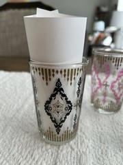3 Vintage MCM Teal, Pink, Black Gold 6oz Embossed Juice Glass 4 Inch Moroccan