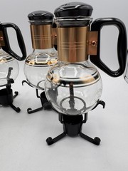 Set of 4 MCM Coffee Carafes Vtg Pyrex Glass & Silex Co. Lids & Warmer Stands