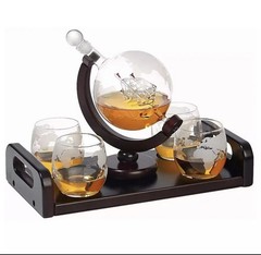 BEZRAT GLOBE WHISKY GLASS 10 OZ SET OF 4 DECANTER 28 OZ & TRAY GIFT SET NEw
