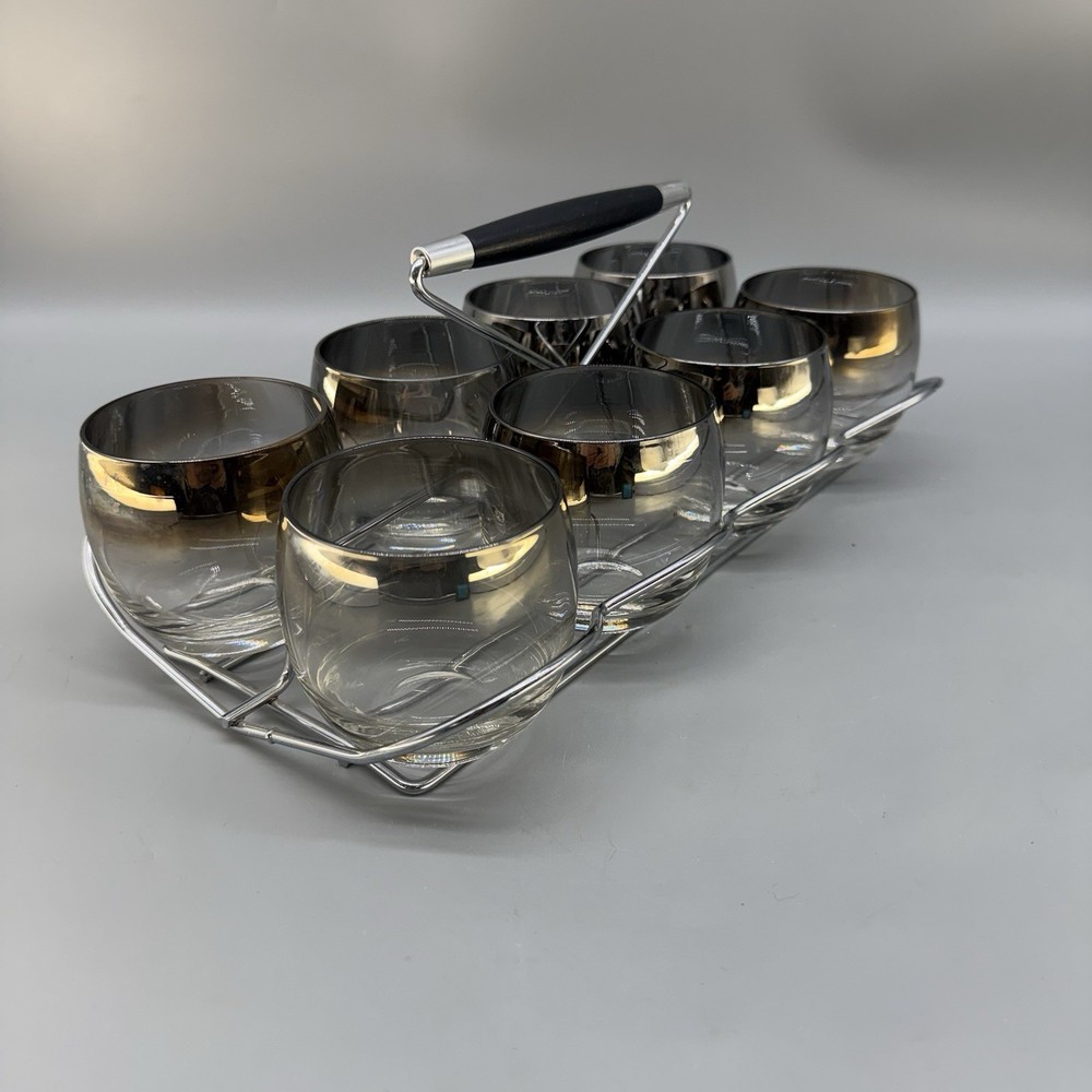 Vintage Roly Poly Glass Set of 8 with Caddy Dorothy Thorpe Style Silver Fade MCM
