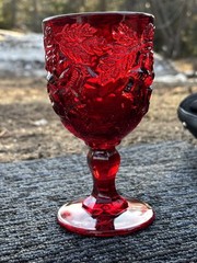 Vintage Ruby Red Goblet – Madonna Inn – Original Rose Pattern