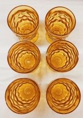 6 Vintage Indiana Amber Whitehall Cube Cubist Pattern 9 oz. Juice Glasses