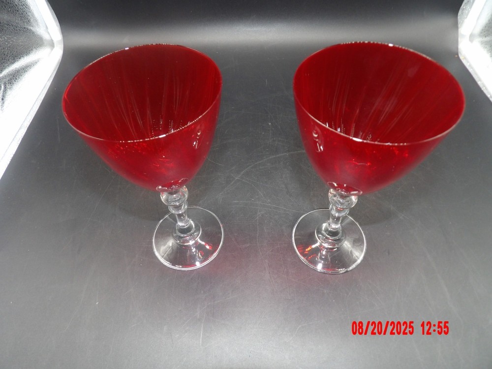 Ruby Red W/Clear Stem Water or Wine Goblet Golf Ball Style Stem w/Whirl Pattern