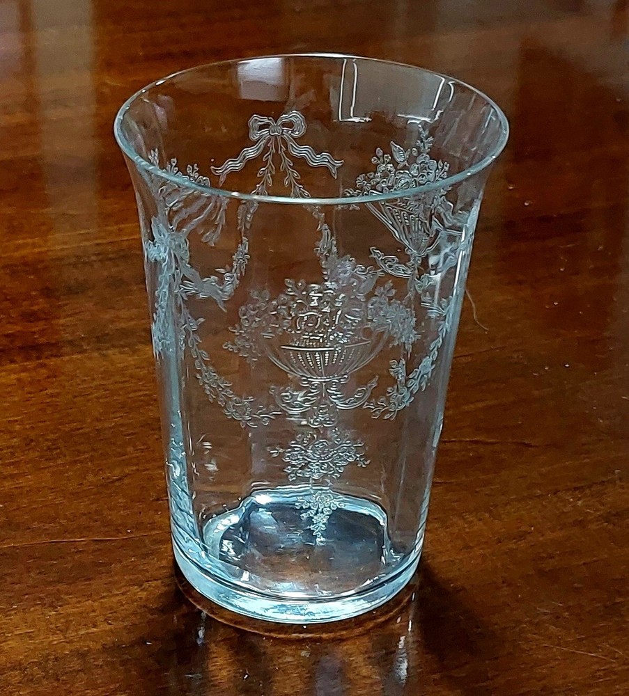 Rare Tiffin Diana Clear 4 1/8″ 8 Ounce Flat Tumbler Etched Urn & Floral 14196