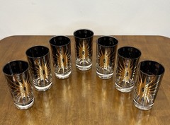 Vtg 1960s Fred Press Starburst Highball Glasses Black & 22k Gold, Rare Set of 7