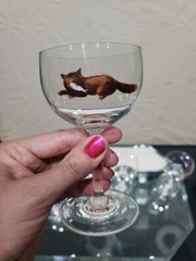 (7) Wine Cocktail Glasses 4-3/8″, vtg weasel deer boar turkey quail pheasant