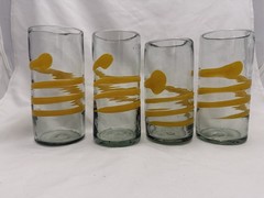 Four Hand Blown Art Drinking Glasses Yellow Swirls Pontil On Bottom Beautiful