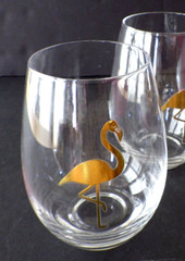 4 Stemless Wine Glass Tumbler Gold Flamingo Motif Nautical Florida Beach Barware