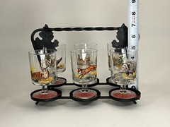 HAND PAINTED HUNTING WILDLIFE LIQUOR GLASSES SET OF 6 With Stand Deer Rabbit Fox