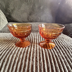 Amber Glass Pedestal Goblet Dessert Cups, Set of 2 Stemmed Round Cups