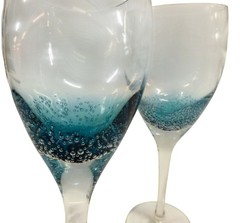Roscher & Company Teal Blue Aqua Air Bubbles Clear Stem Wine Glasses Set Of 2