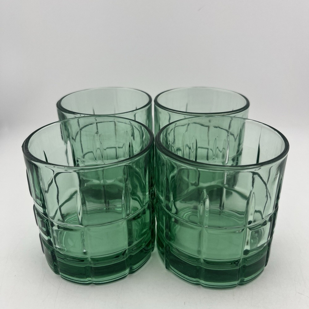 Set (4) Anchor Hocking Tartan Plaid Green Lowball Glasses Christmas Bar