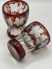 Pair 3″ Liquor Glasses Ruby Cut to Clear Bohemian Glass Grape and Vine Motif