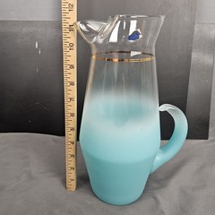 VTG Glass Blendo mid Century Blue Pitcher Frosted Gold Trim Water Juice Bar