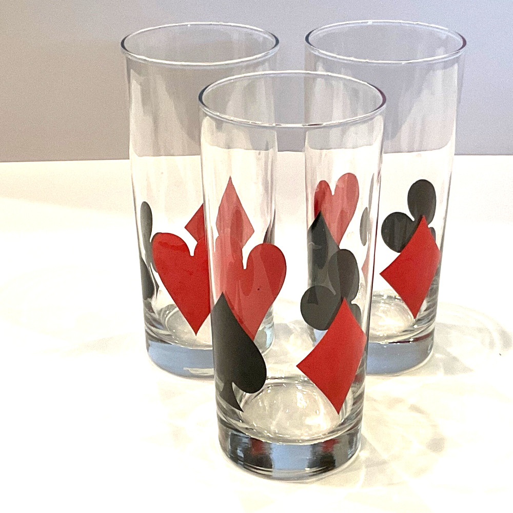 3 VTG Libbey Suits Cards Diamond, Club, Heart, Spade Barware Glasses Tumblers