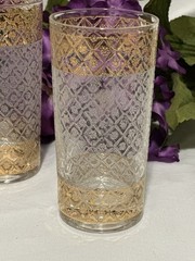 4 Tumblers Drinking Glasses Waffles Pattern Gold Band / Trim 5.5” Tall