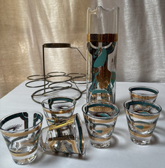 Vtg Barware Fred Press Turquoise Gold Trojan Horse Pitcher 6 Glasses Caddy Set