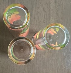 3 Vintage Federal Glass Pink Yellow Green Flower Hibiscus 4.75″ Tumblers Glasses