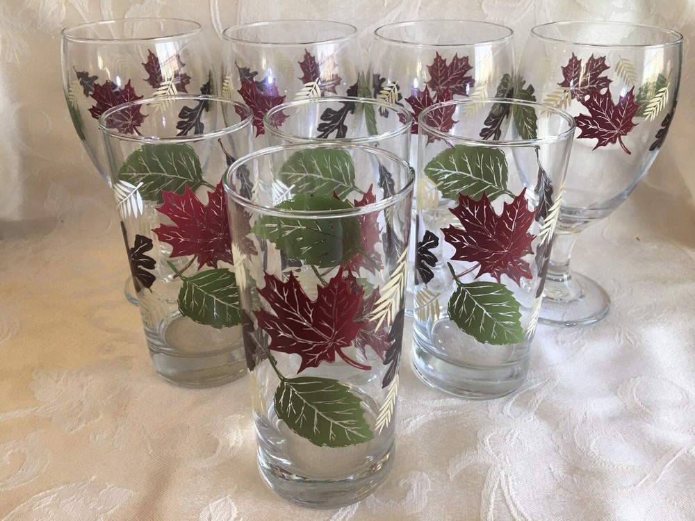 8 Vintage Libbey Tumblers Highball Iced Tea Glasses Autum Fall Leaves Leaf