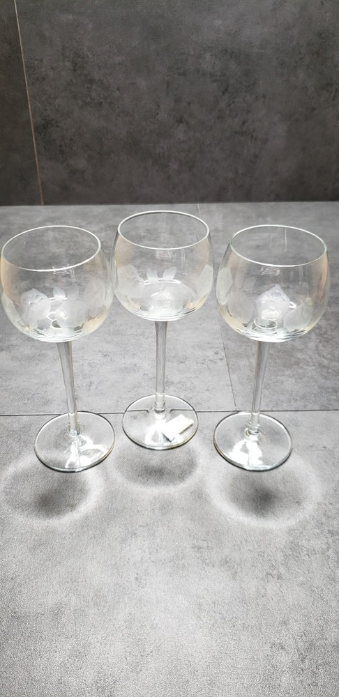 Vintage Wine Goblets Etched Flowers Hand Blown Toscany