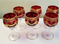 Set 6 Ruby Red Crystal Stemware Gold Painted Design Bohemian Italian 5″ Cordial