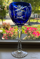 Czech Bohemian Crystal Cobalt Blue Cut To Clear Stem Stemware Wine Glasse 8 1/8″