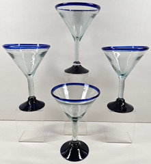 4) Pier 1 Cobalt Rim Martini Glass Set Mexican Hand Blown Bar Drink Stemware Lot