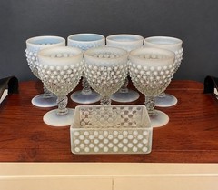 7 Fenton White Opalescent Hobnail Goblets Glasses Twisted Stem + Butter Dish