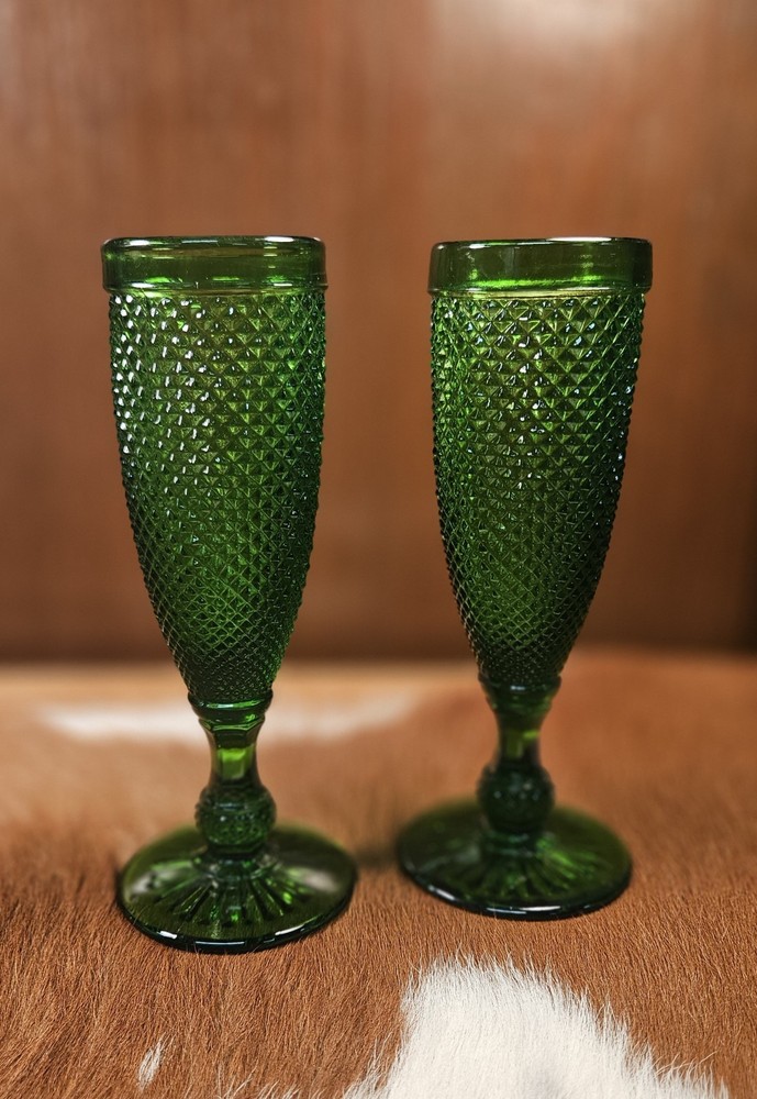 2 Vintage Ivima Handmade Green Cut Diamond Point Heavy Glass Flutes 1950’s Era
