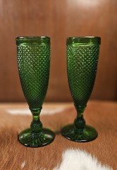 2 Vintage Ivima Handmade Green Cut Diamond Point Heavy Glass Flutes 1950’s Era