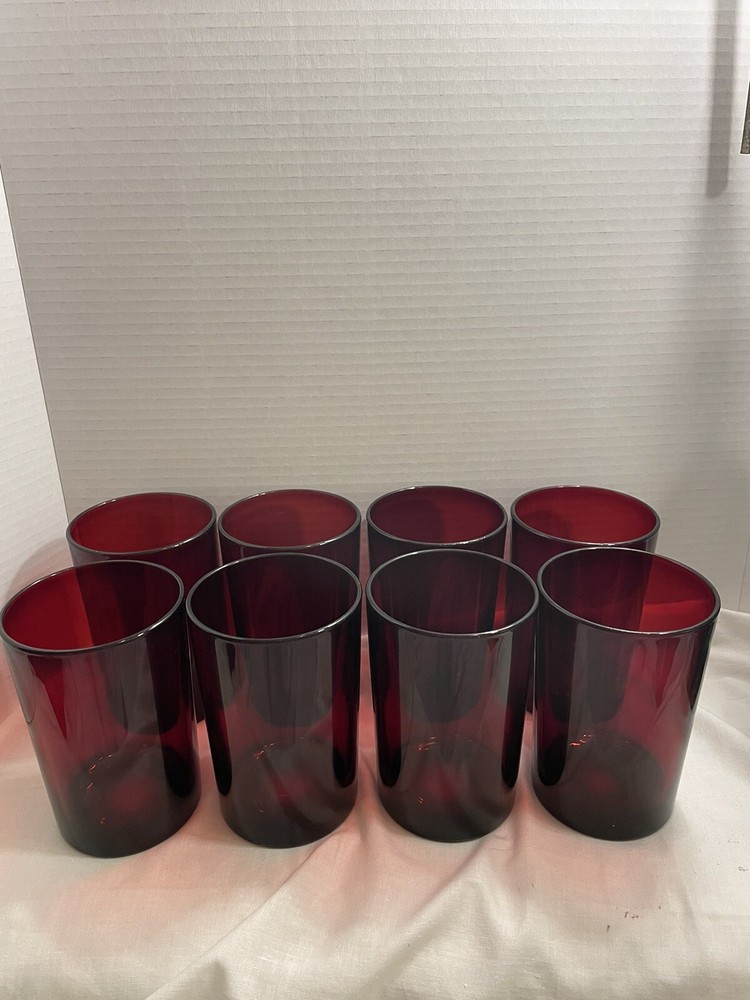 Vintage Set “8” 16”OZ Flat Tubler Classique Ruby (Rim) By Arcoroc Made In France