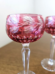 Set of 3 Beyer Crystal Cordial Glasses Cranberry Cut To Clear
