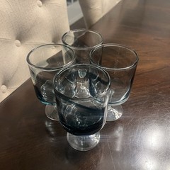Blue Smoke Crystal Wine Glasses Barrel Bowl Clear Short Stem Hand Blown 5″ Tall