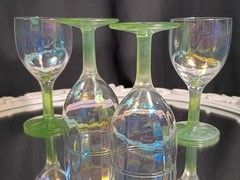 4 Vintage Iridescent Optic Rib Green Stem Sherry Aperitif Cordial Glasses Set