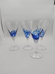 4 – Cobalt Blue Confetti Splash Hand Blown Art Glass Champagne Wine Glasses READ