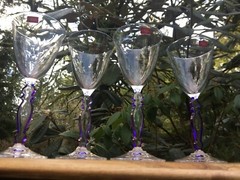 4 VINTAGE French Cristal d’arques wine glasses w/purple stem edges htf pattern~