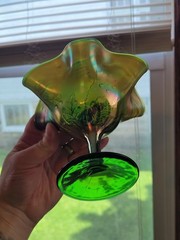 Very Pretty Green Fenton Carnival Glass Birds & Cherries Ruffled Compote
