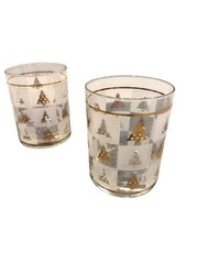 Culver Mid-Century Christmas Highball Glasses Set Of 4 Gold Trees Frosted Square