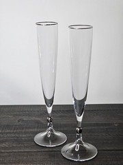 Crystal Champagne Flutes Silver Tone Trim 11 Inches Tall Set of Two