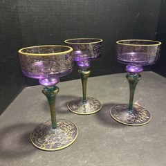 Whimsical Hand Painted Purple Green & Gold Pedestal Champagne Glasses Set #R86