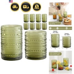 Vintage Hobnail Glasses Set of 8 Green Water Tumbler for Cocktail Beer Juice