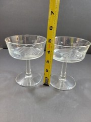 Set of 2 Clipper Ship Etched Cut Glass Cocktail Tall Sherbet Glasses 5″