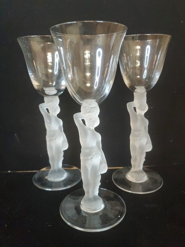 3 Rare VTG Bacchus Bayel France Crystal Wine Frosted Male Nude Stem + Bonus DVZ