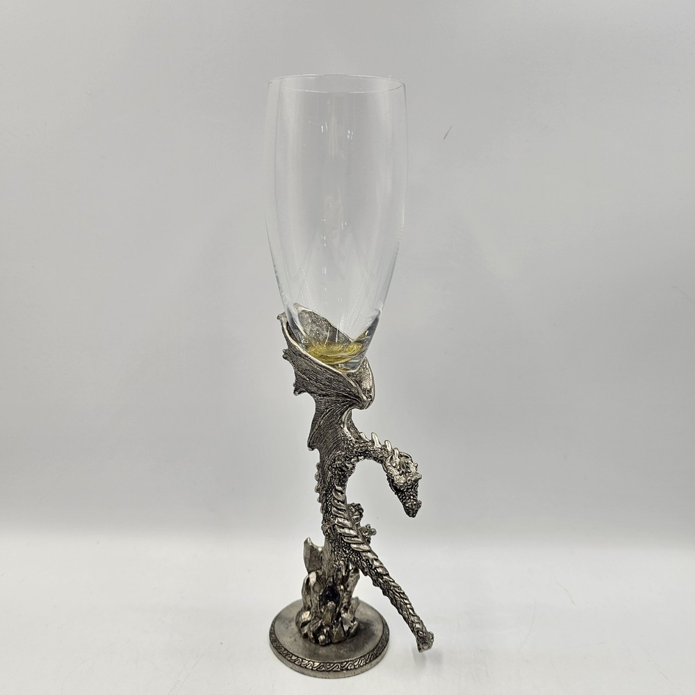 Fellowship Foundry Pewter & Glass Dragon Heart Goblet Flute Vintage 1990s