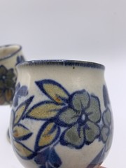 Set of 2 Vtg Ceramic 8 Oz Wine Goblets Handmade Signed Rustic Floral Design