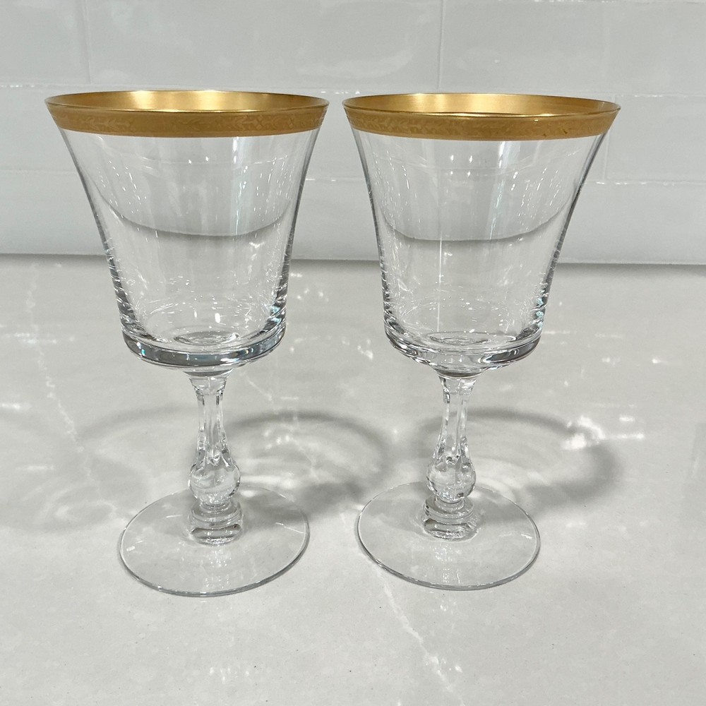 Andover Fostoria Set of 2 Water Goblets Gold Trim 6.75″
