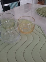 Vintage MCM Set Of 8 Pink-Blue-Yellow-Green-Clear Iridescent Roly Poly Glasses