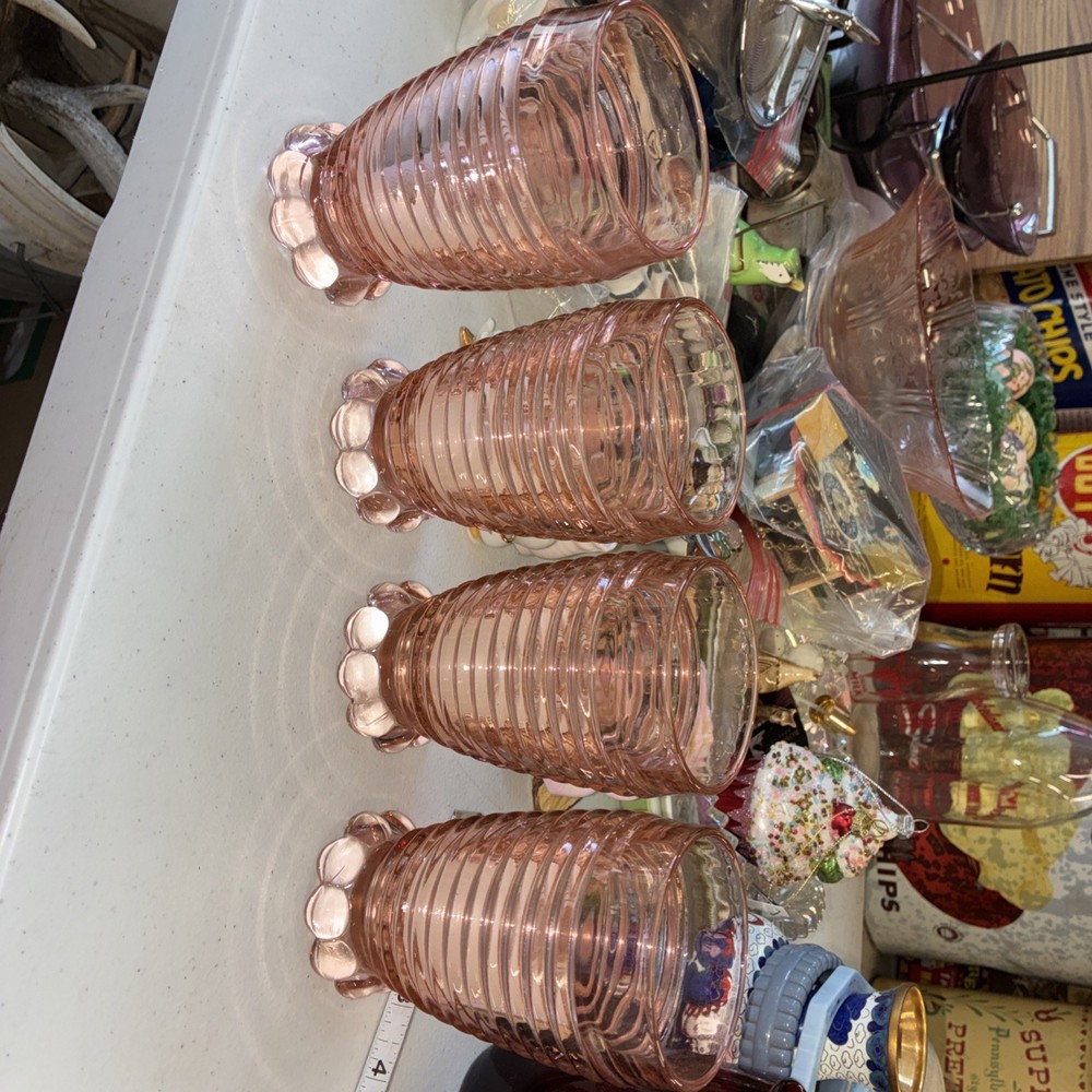4 Vintage Set ANCHOR HOCKING GLASS CO. MANHATTAN PINK FOOTED BEVERAGE TUMBLERS